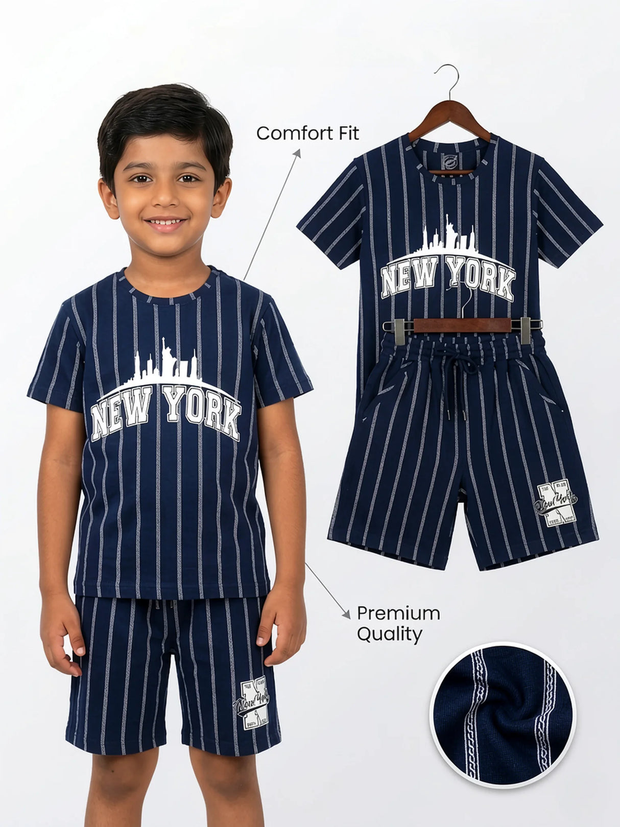 Boys Navy Blue New York Striped Co-ord Set.