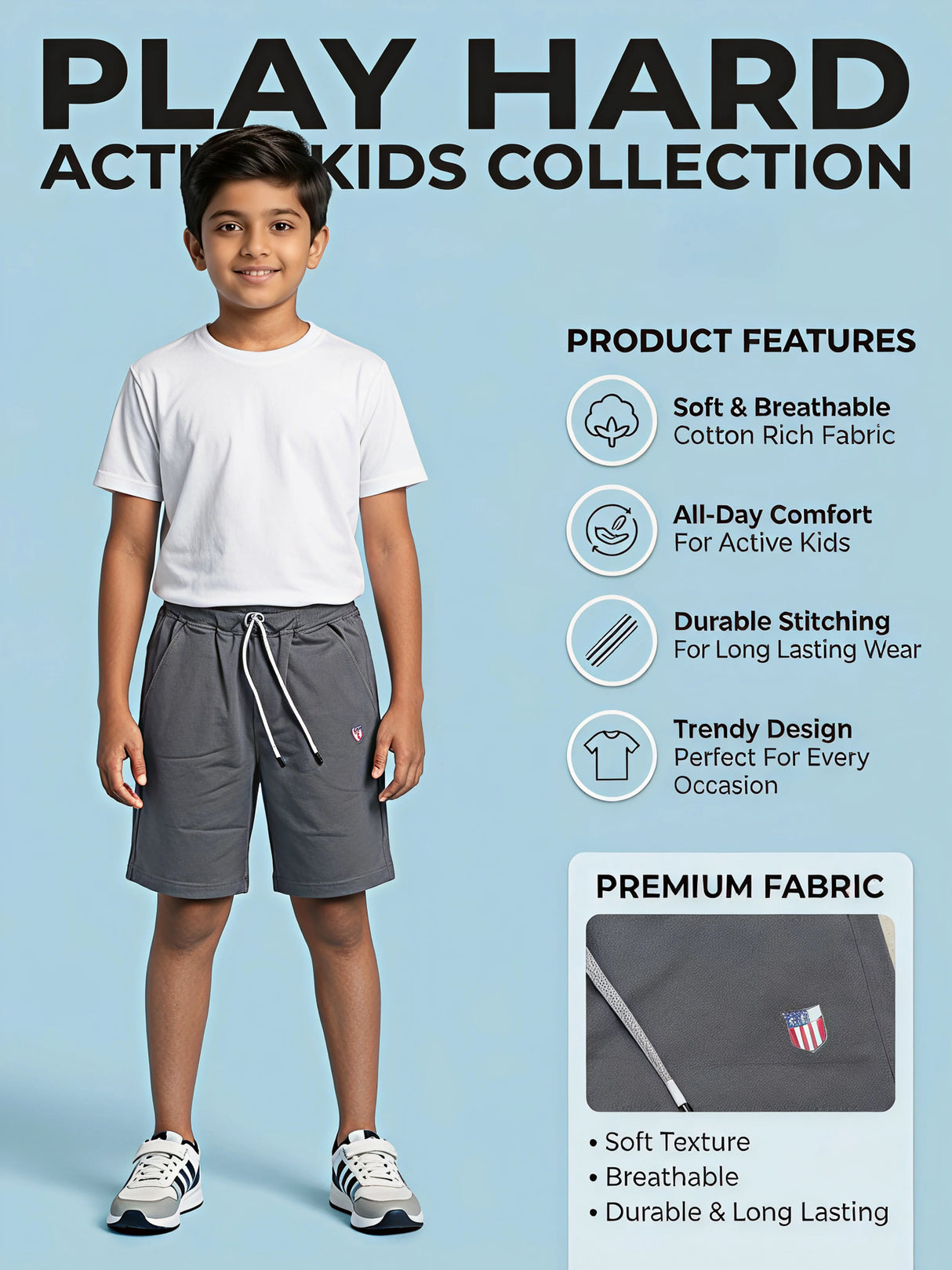 Boys' Dark Grey Cotton Comfort Drawstring Shorts