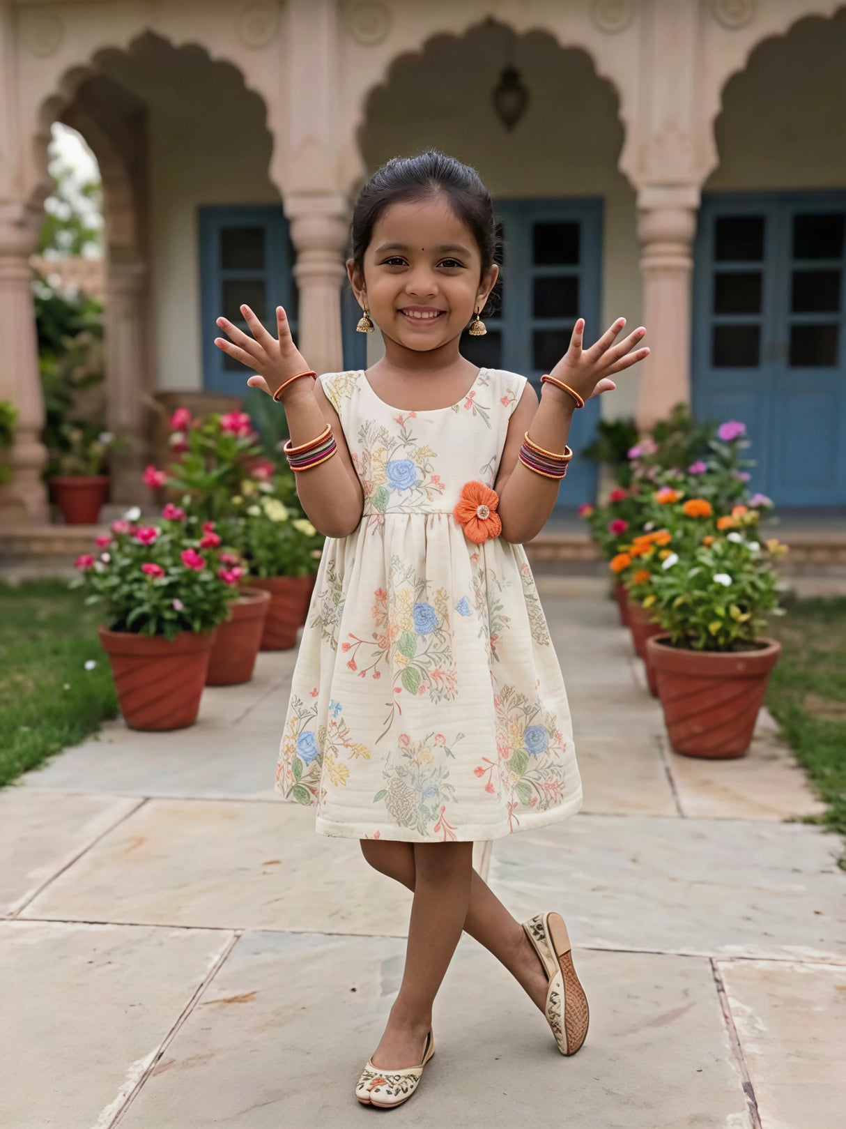 Floral Printed Cream Cotton Frock with Orange 3D Flower