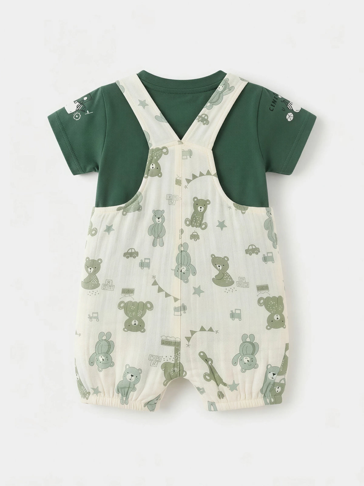 Infant Boys Green Teddy Print Dungaree Set.