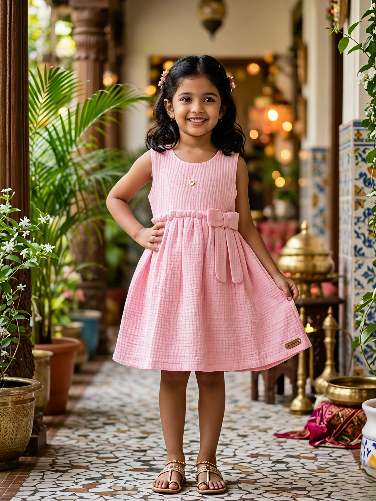 Girls' Pastel Pink Textured Cotton Frock with Bow Detail