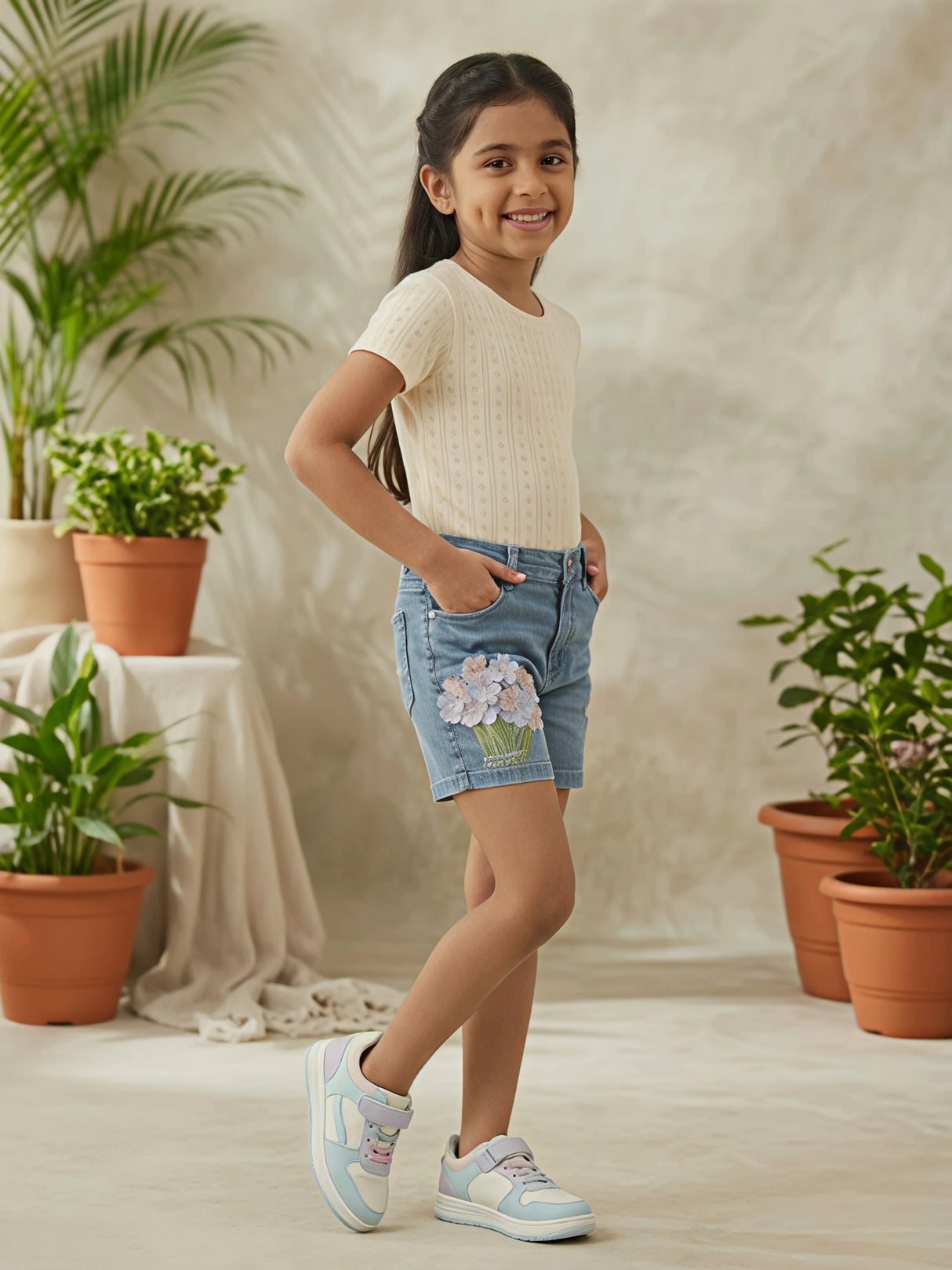 Girls' Floral Appliqué Denim Shorts - Blue