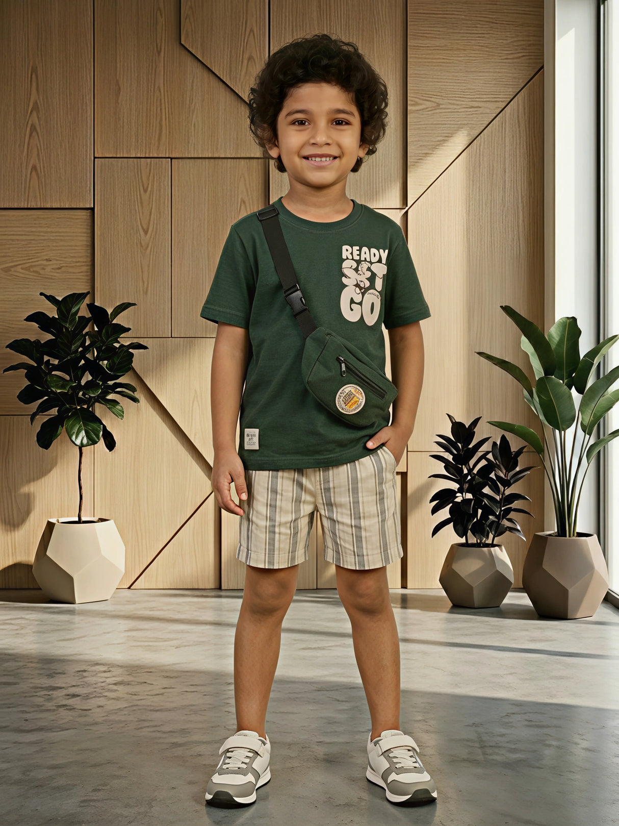 Boys Ready Set Go Green Cotton T-Shirt & Striped Shorts Co-ord Set
