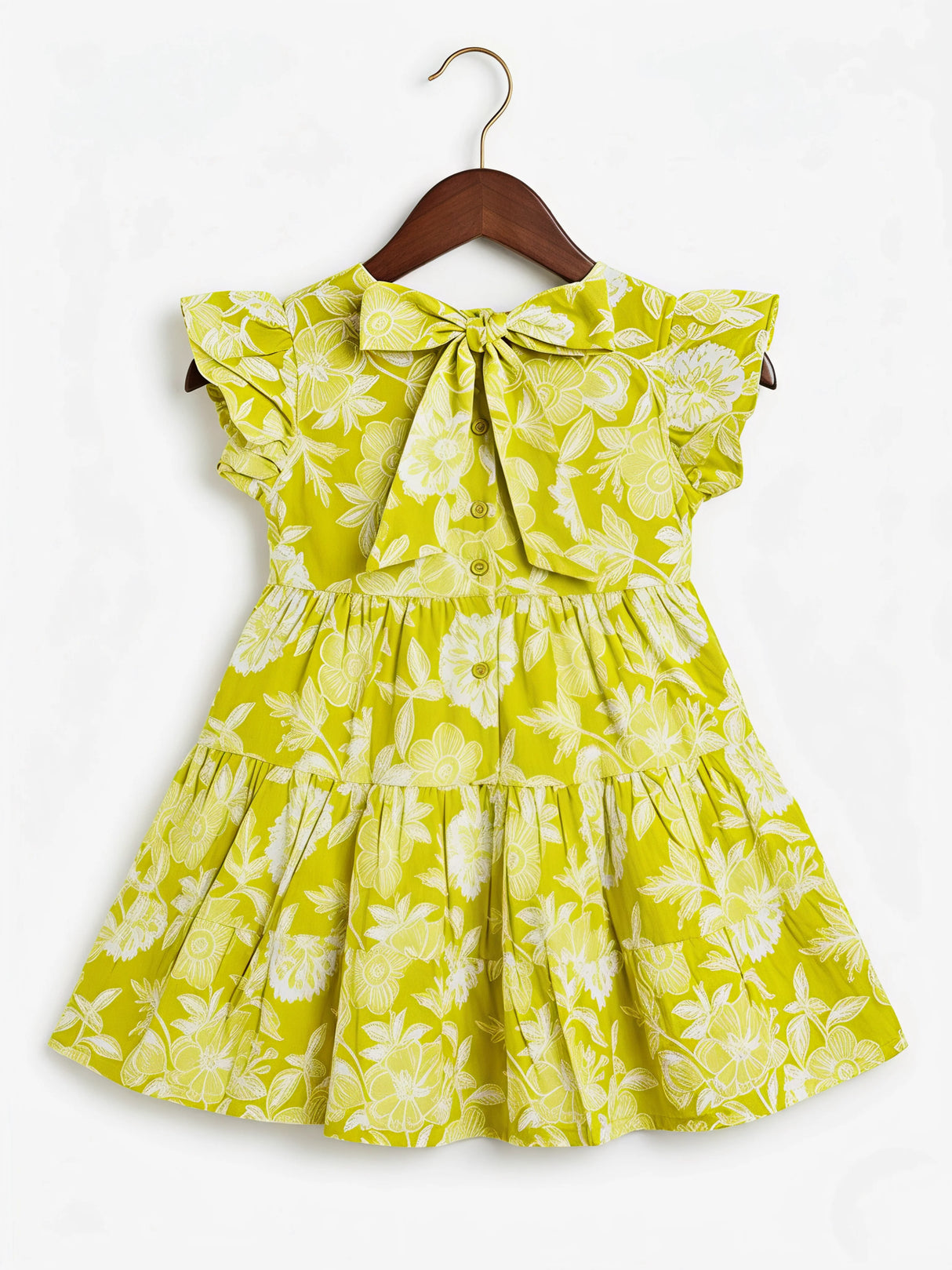 Girls Lime Green Floral Tiered Cotton Frock