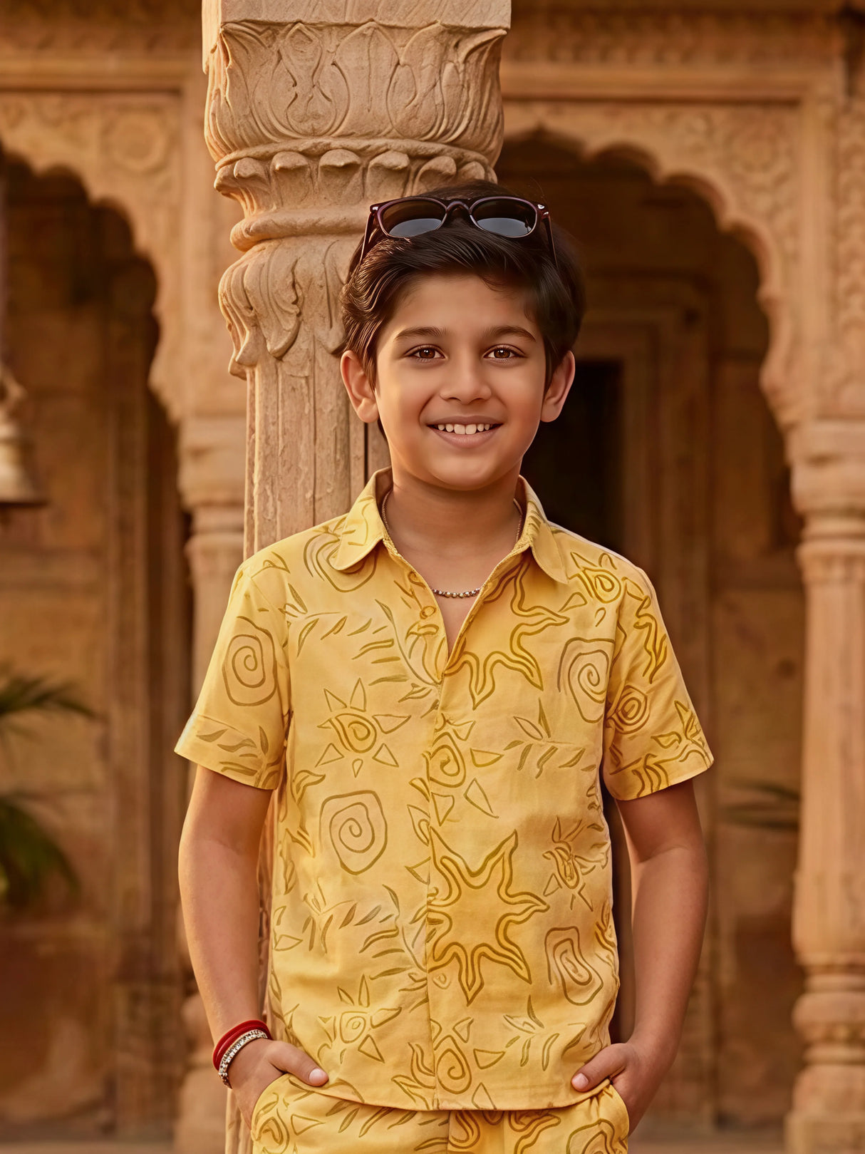 Boys Yellow Sun-Print Cotton Coordinate Set.