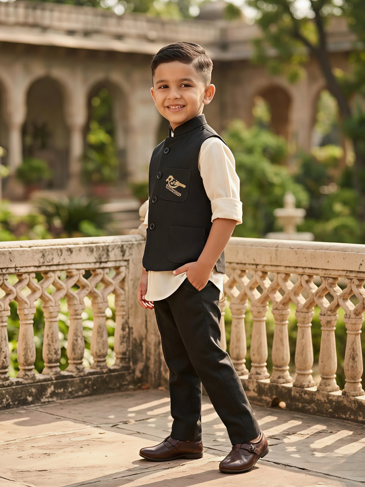 Boys Cream Shirt & Navy Blue Waistcoat Set