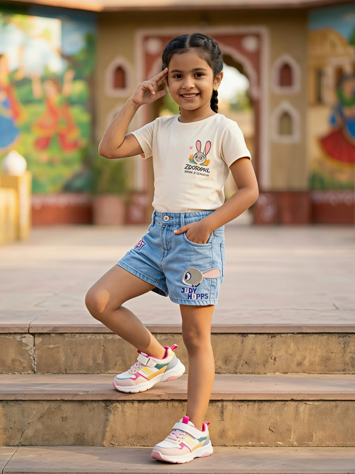 Girls' Light Blue Denim Shorts with Animated Embroidery