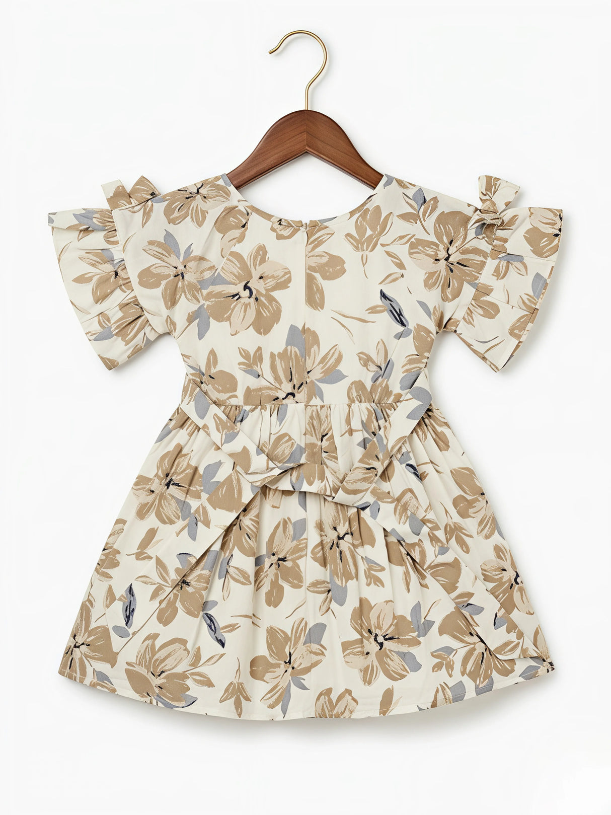 Cream Floral Cold-Shoulder Frock for Girls
