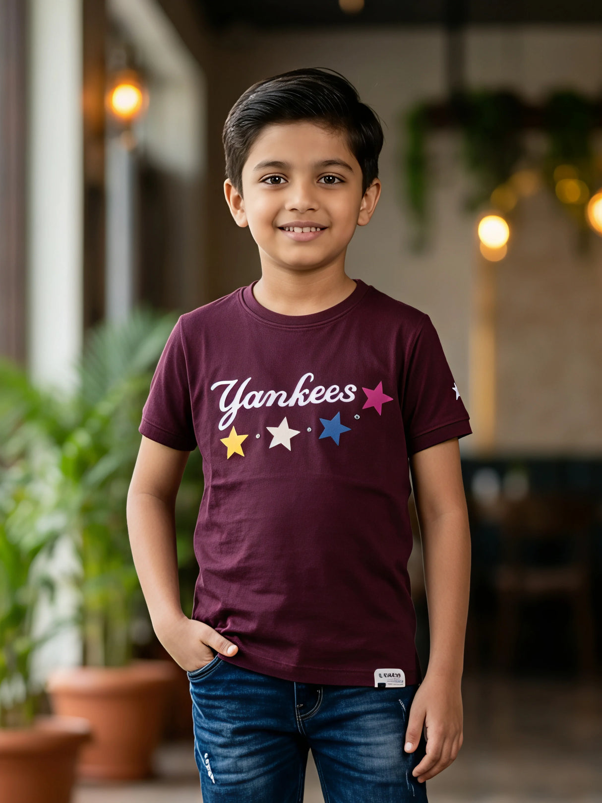 Boys Maroon Yankees Graphic Print Cotton T-Shirt