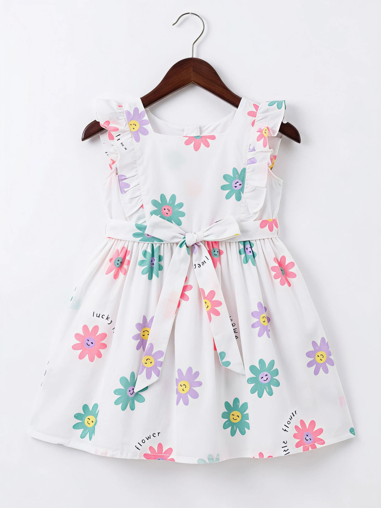 Girls White Floral Ruffle Cotton Frock