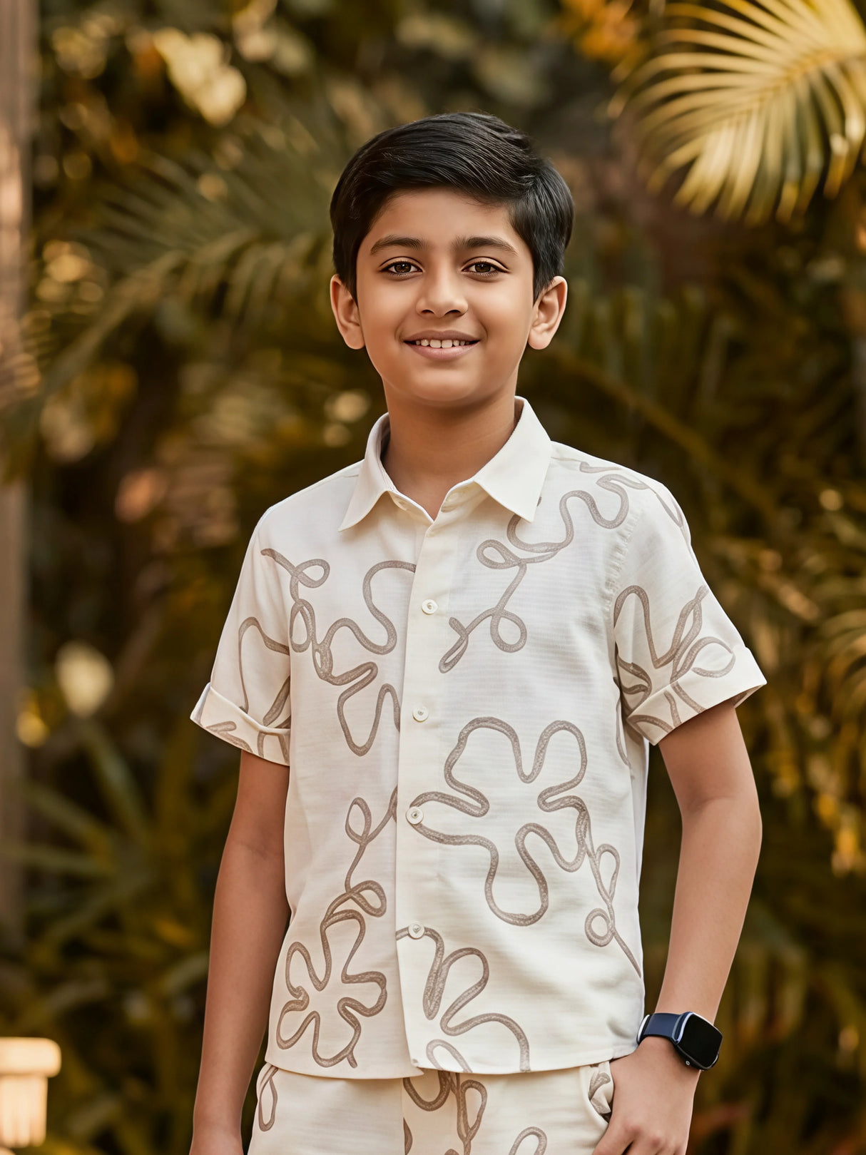 Boys Cream Abstract Print Cotton Co-ord Set.