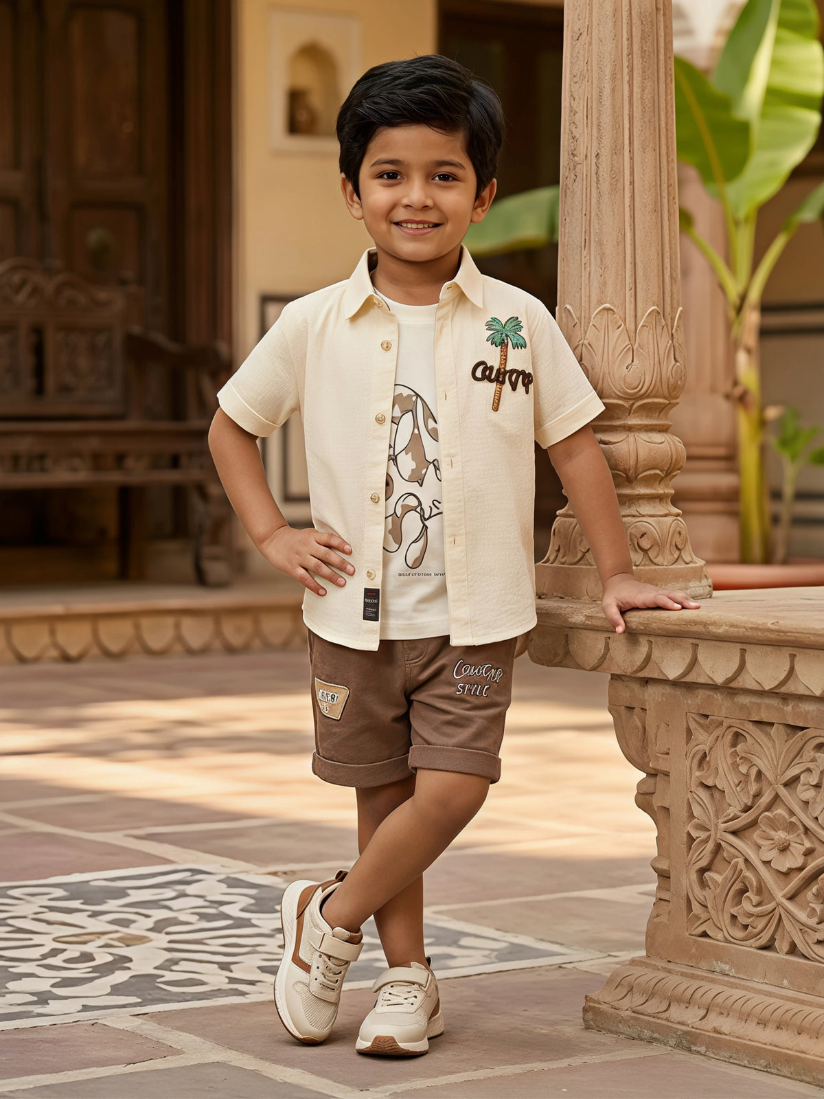 Boys Cream Palm Tree Graphic Shirt & Shorts Co-ord Set