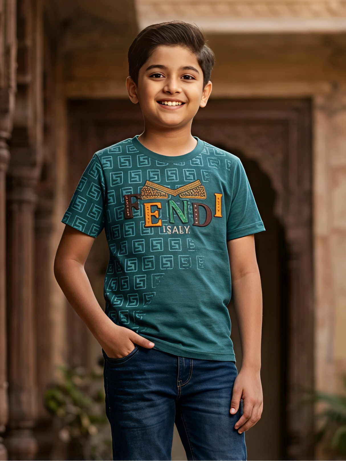 Boys Traditional Printed Green Cotton T-Shirt