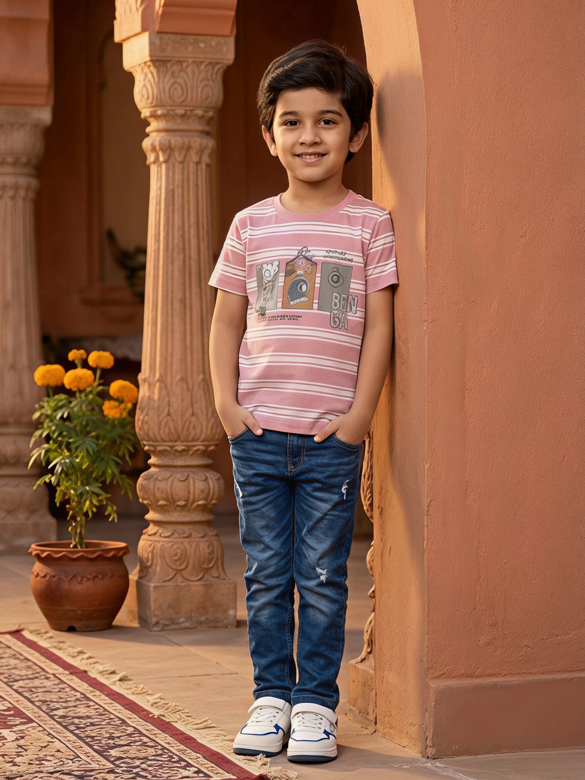 Boys' Pink Striped Graphic Print Cotton Casual T-Shirt