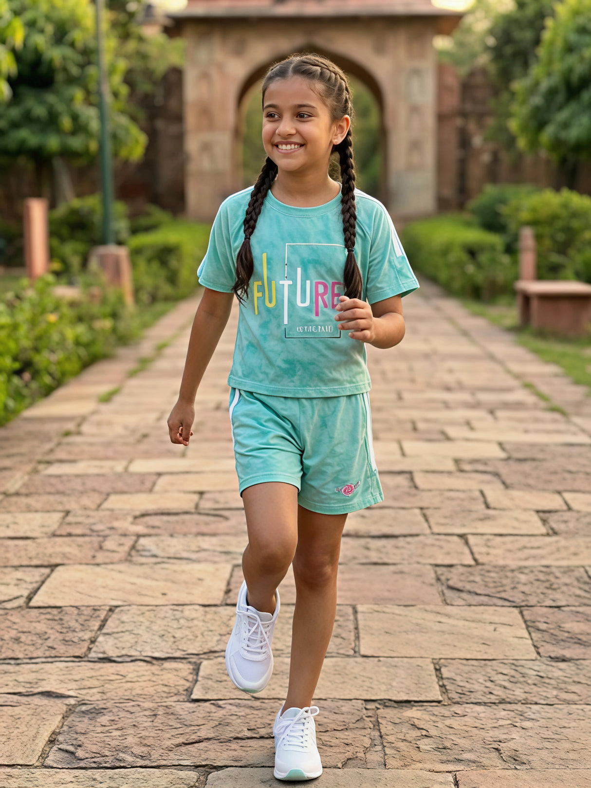 Girls Green "FUTURE" Printed Cotton Blend T-Shirt and Shorts Co-ord Set