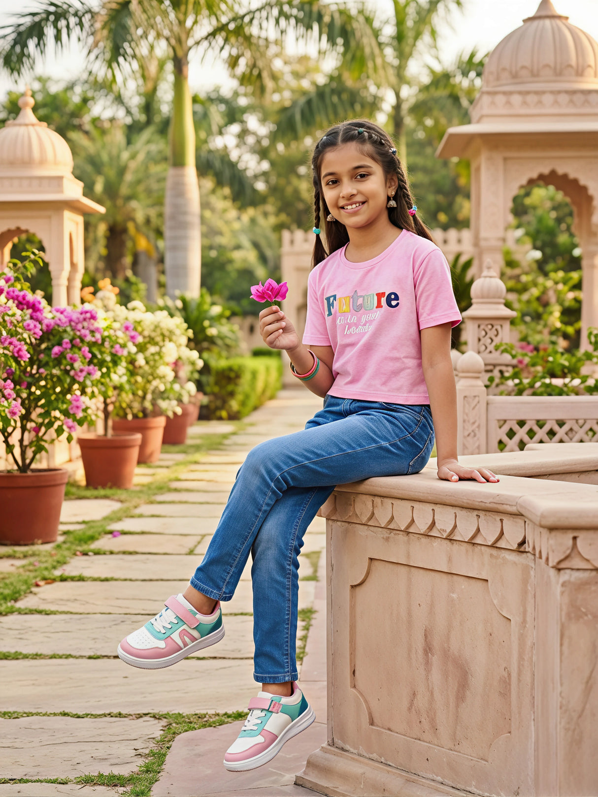 Girls' Pink "Future" Graphic Tie-Dye Crop Top