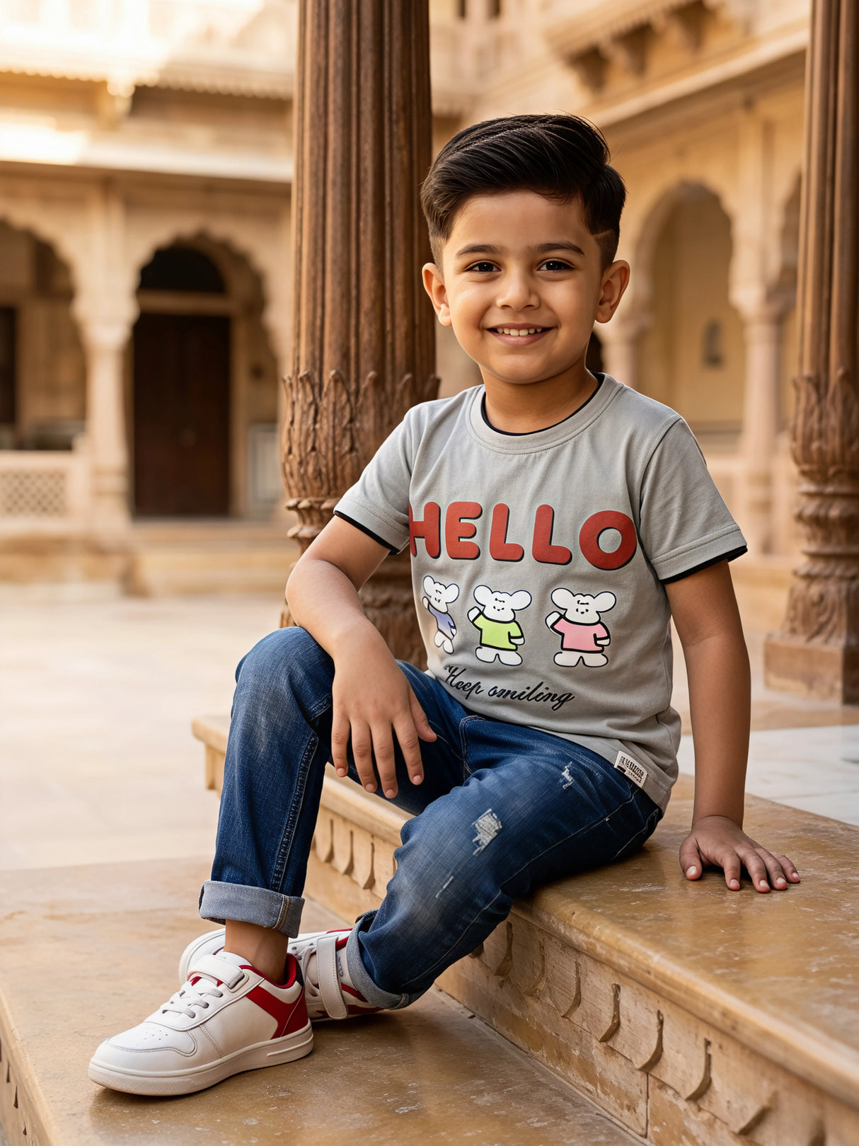 Boys Grey "HELLO" Graphic Print Round Neck T-Shirt