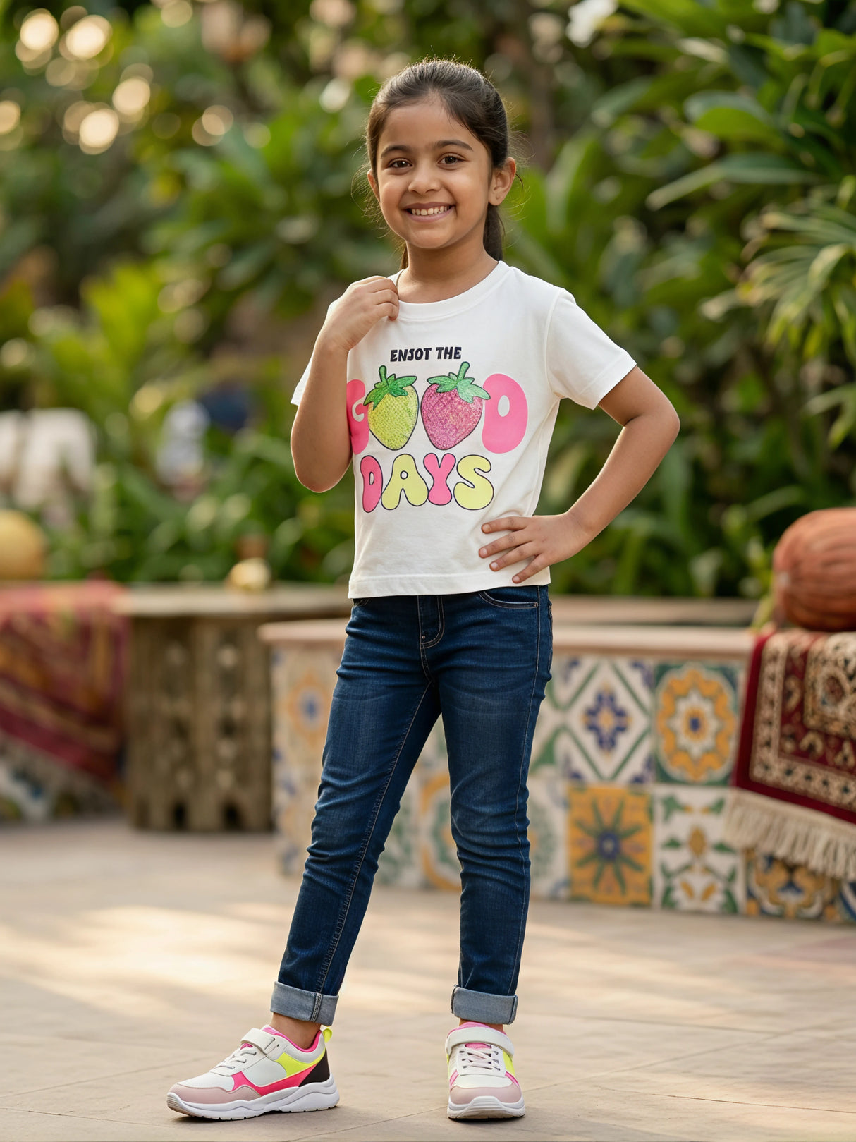 Girls' White "Enjoy The Good Days" Sequin Strawberry Graphic Top