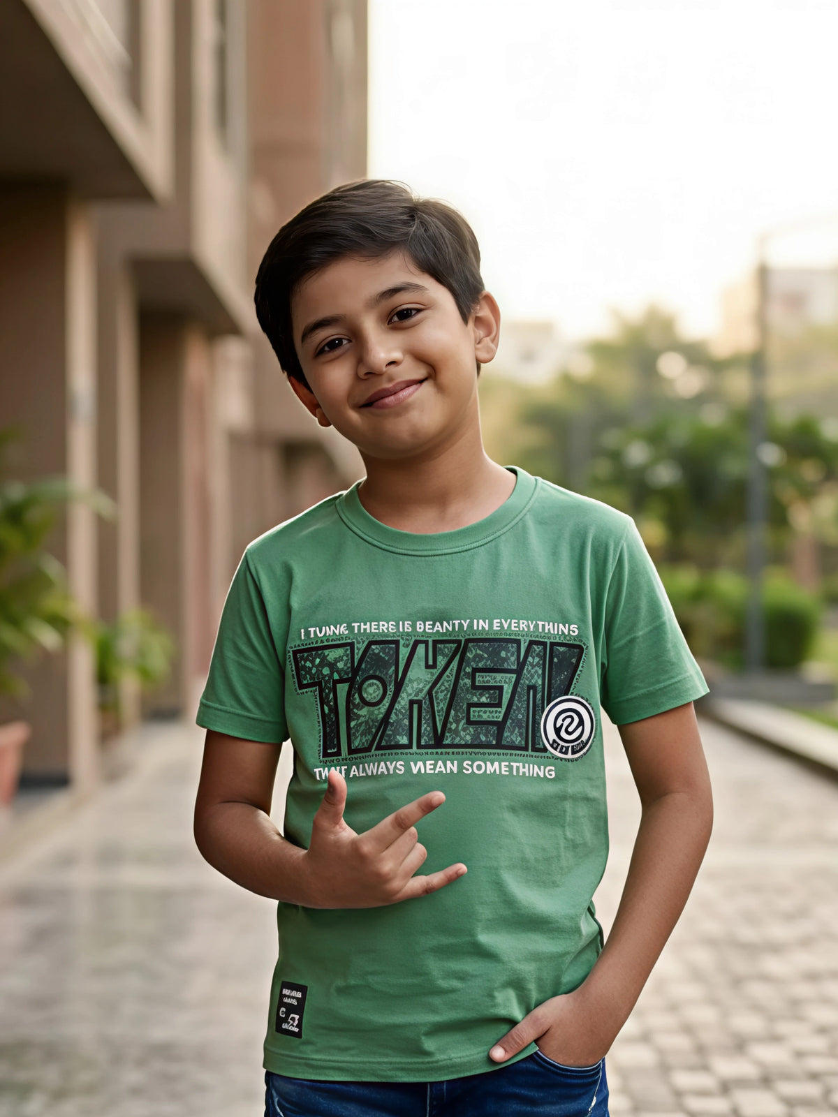 Boys Graphic Print Sage Green Cotton T-Shirt