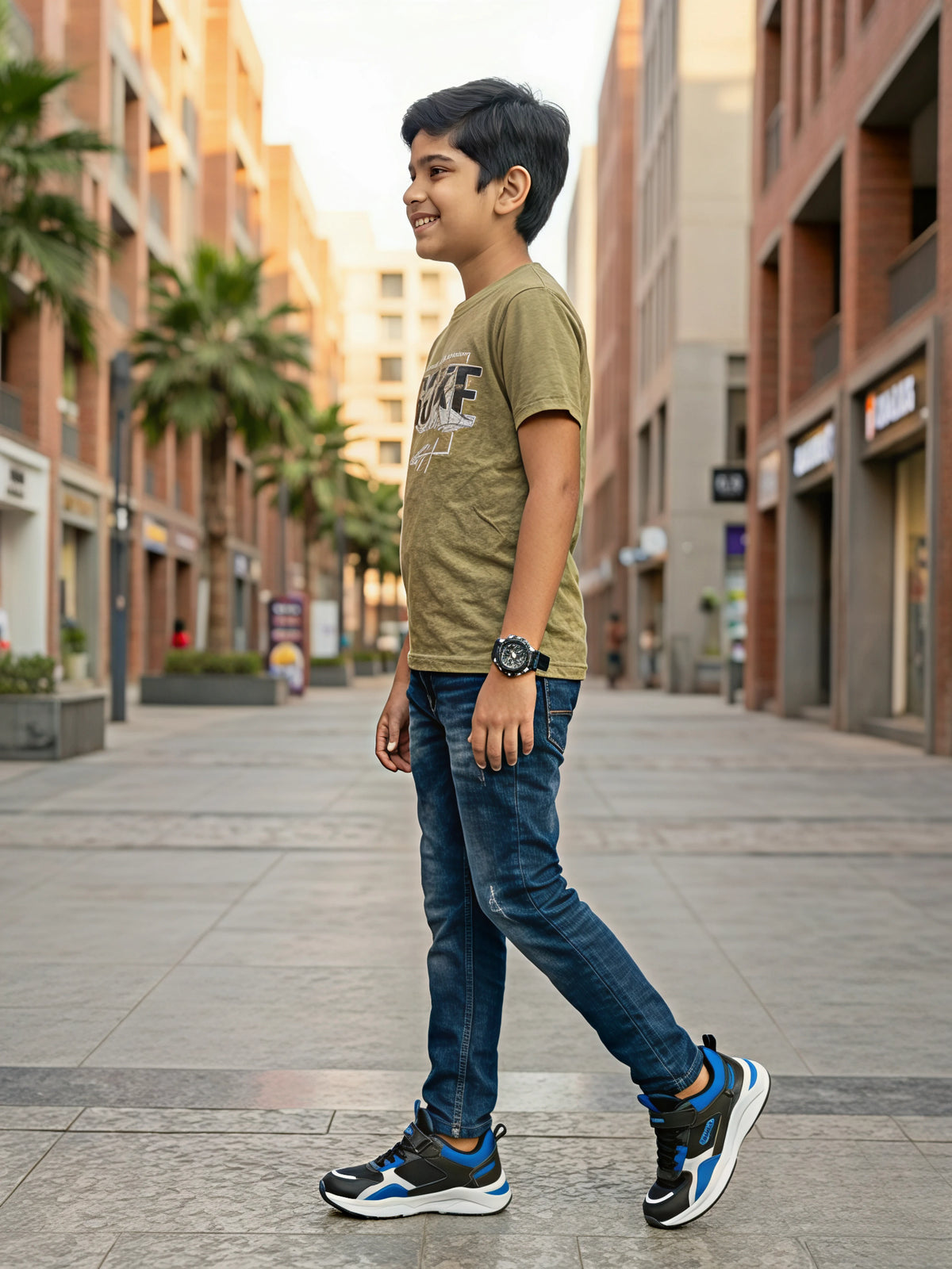 Boys Olive Green Graphic Print Cotton T-Shirt