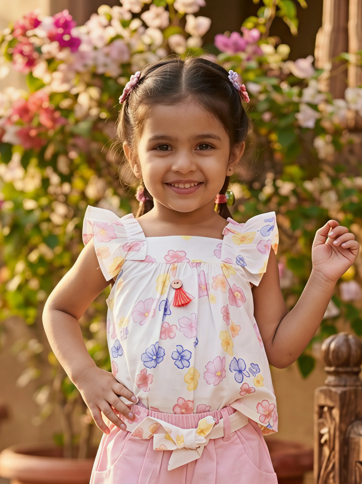 Girls' Pastel Floral Peplum Top and Pink Shorts Coordinate Set