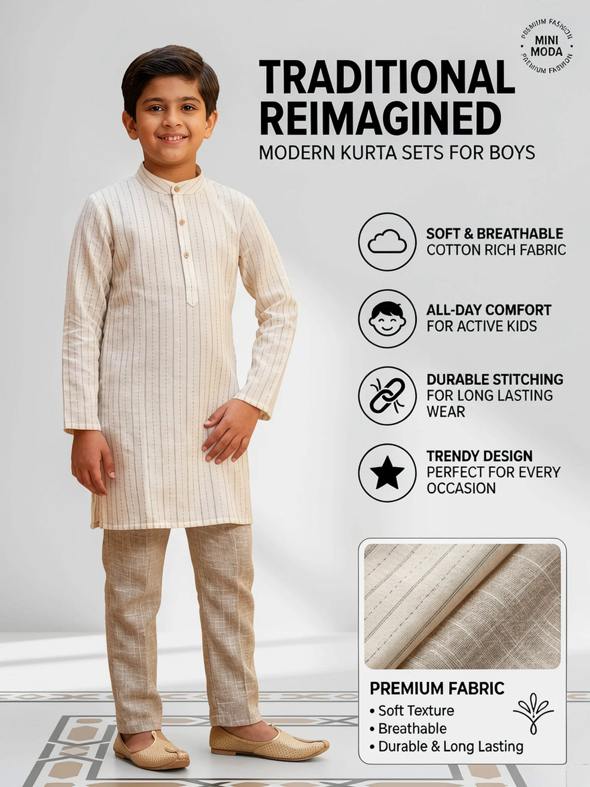 Boys Elegant Light Brown Striped Kurta with Textured Pajama Set