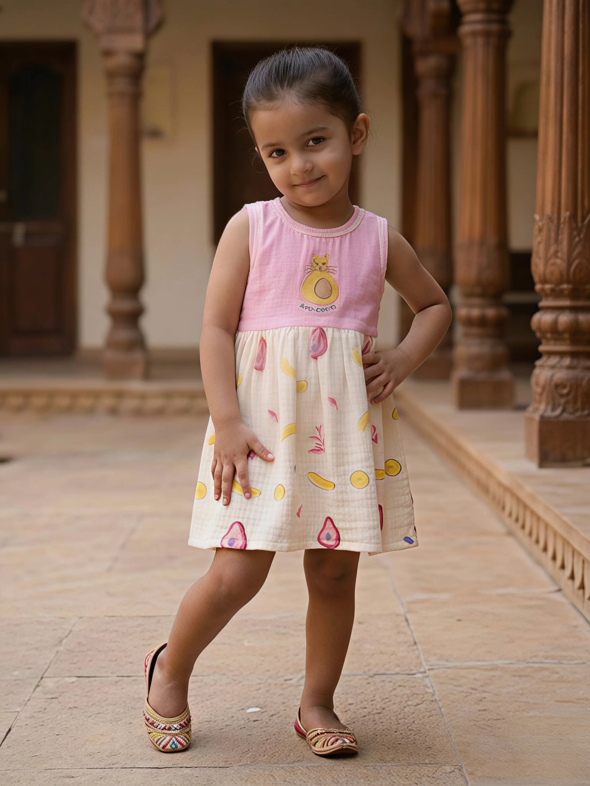 Girls Pink Avo-Cat-O Graphic Cotton Frock