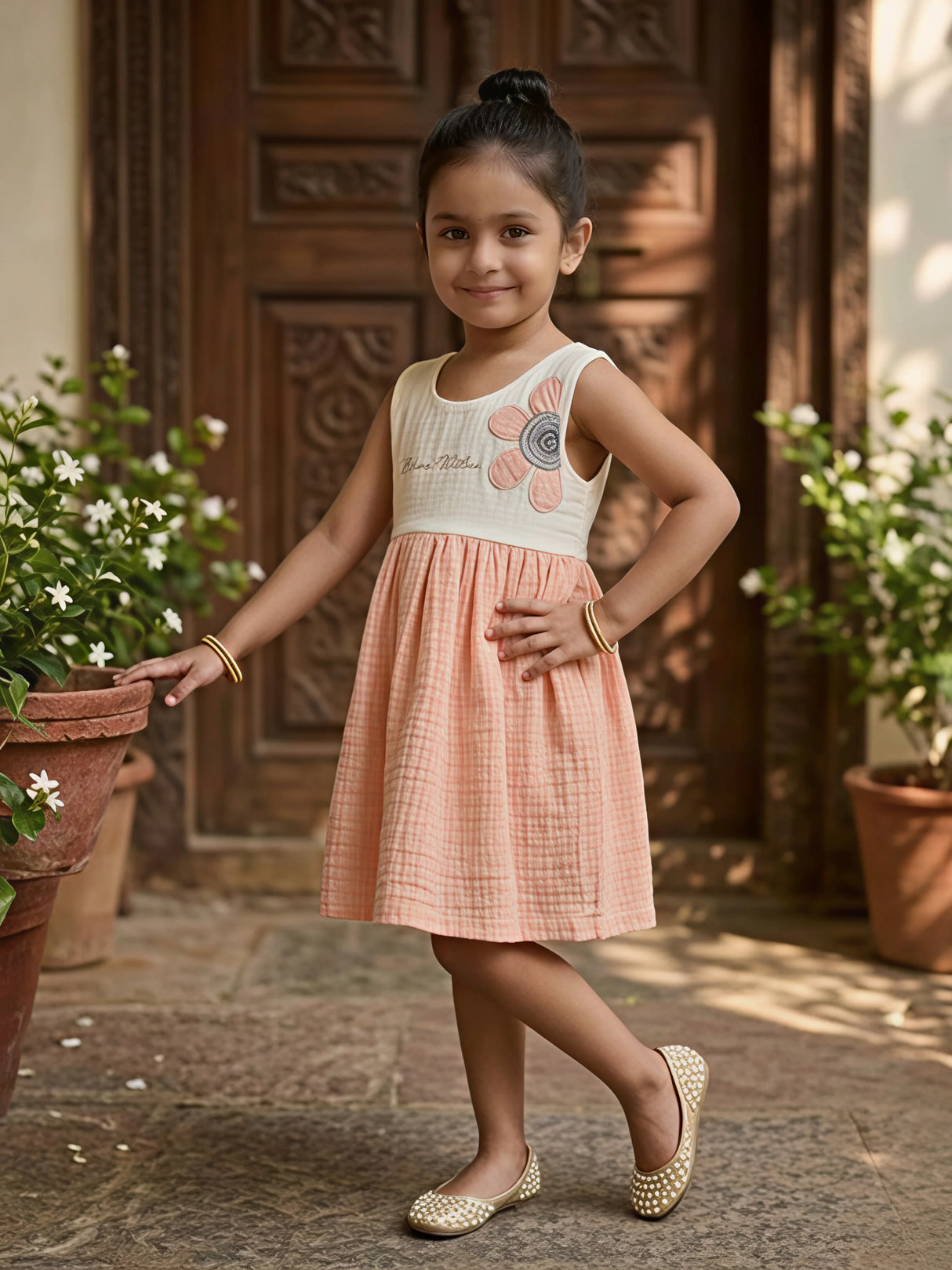 Dual-Tone Peach Cotton Frock with Floral Embroidery