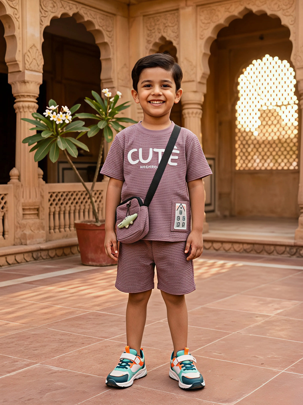 Boys Purple Textured "Cute" Co-ord Set with Matching Crossbody Bag