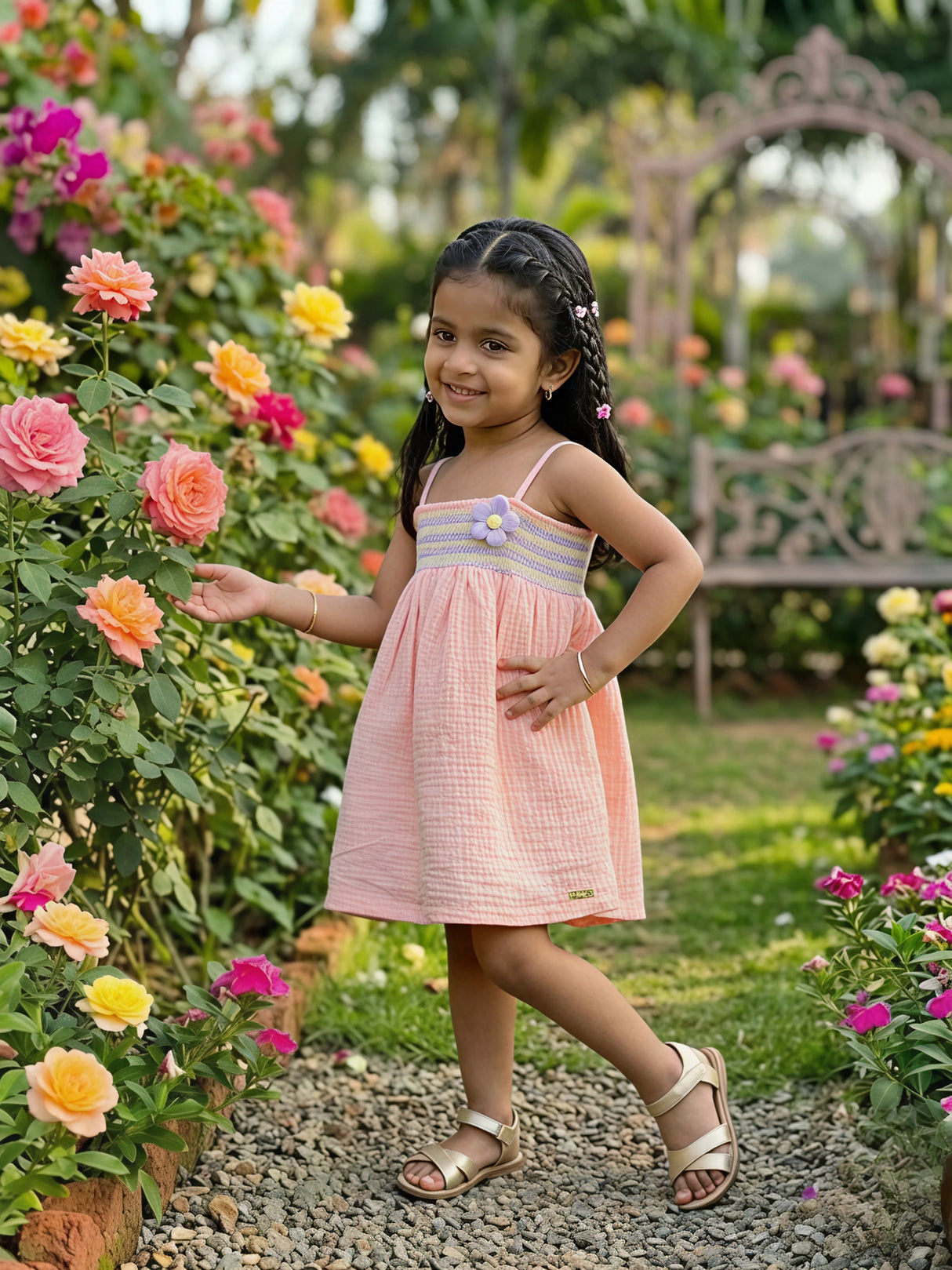 Smocked Peach Cotton Frock with Purple Floral Accent