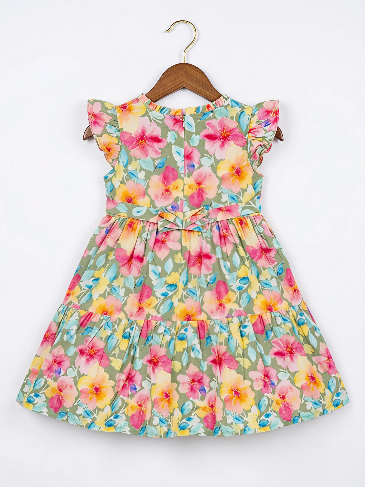 Girls Green Floral Print Ruffle Frock