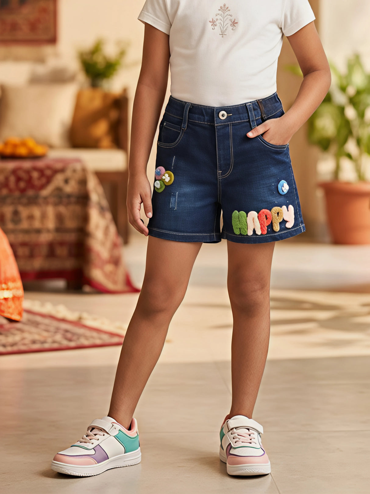 Girls Navy Blue "HAPPY" Appliqué Denim Shorts