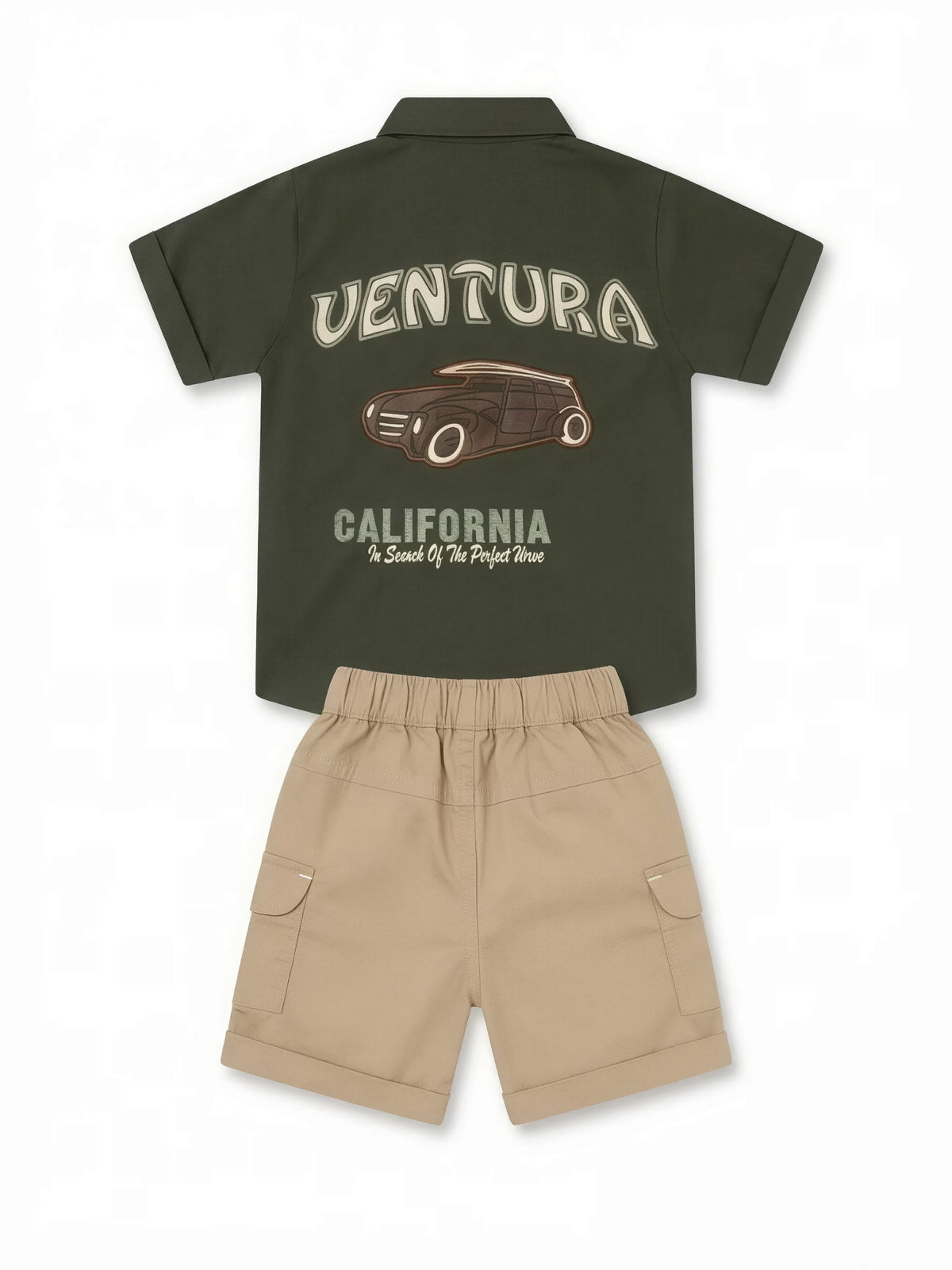 Boys Green Printed Shirt with Beige Cargo Shorts Set.