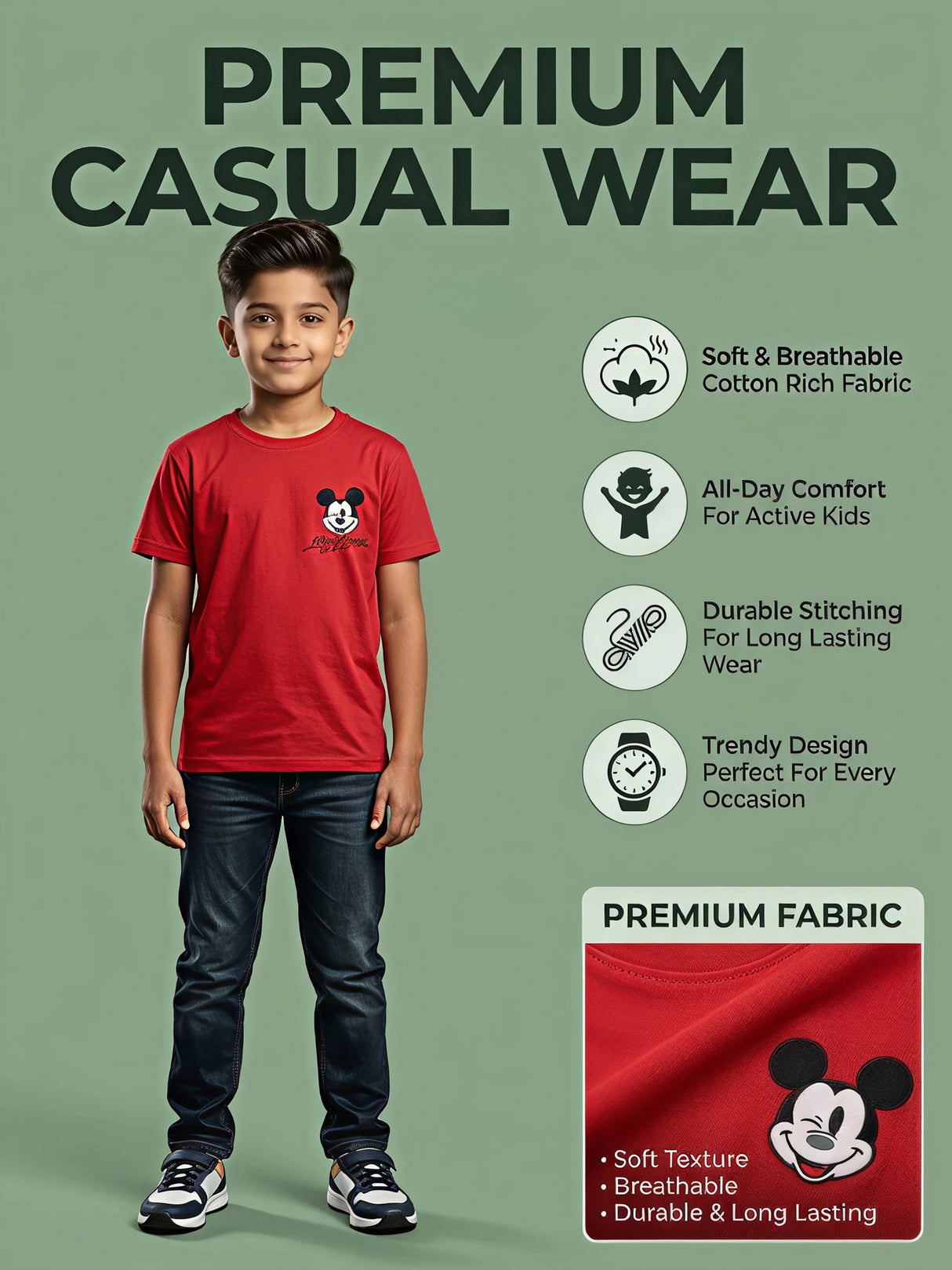 Boys Red Mickey Mouse Graphic Cotton T-Shirt