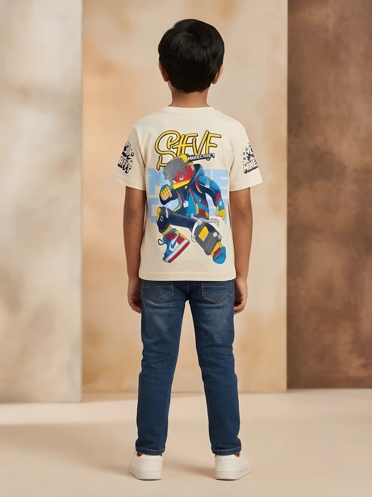 Boys Cream Graphic Printed Round Neck Casual T-Shirt