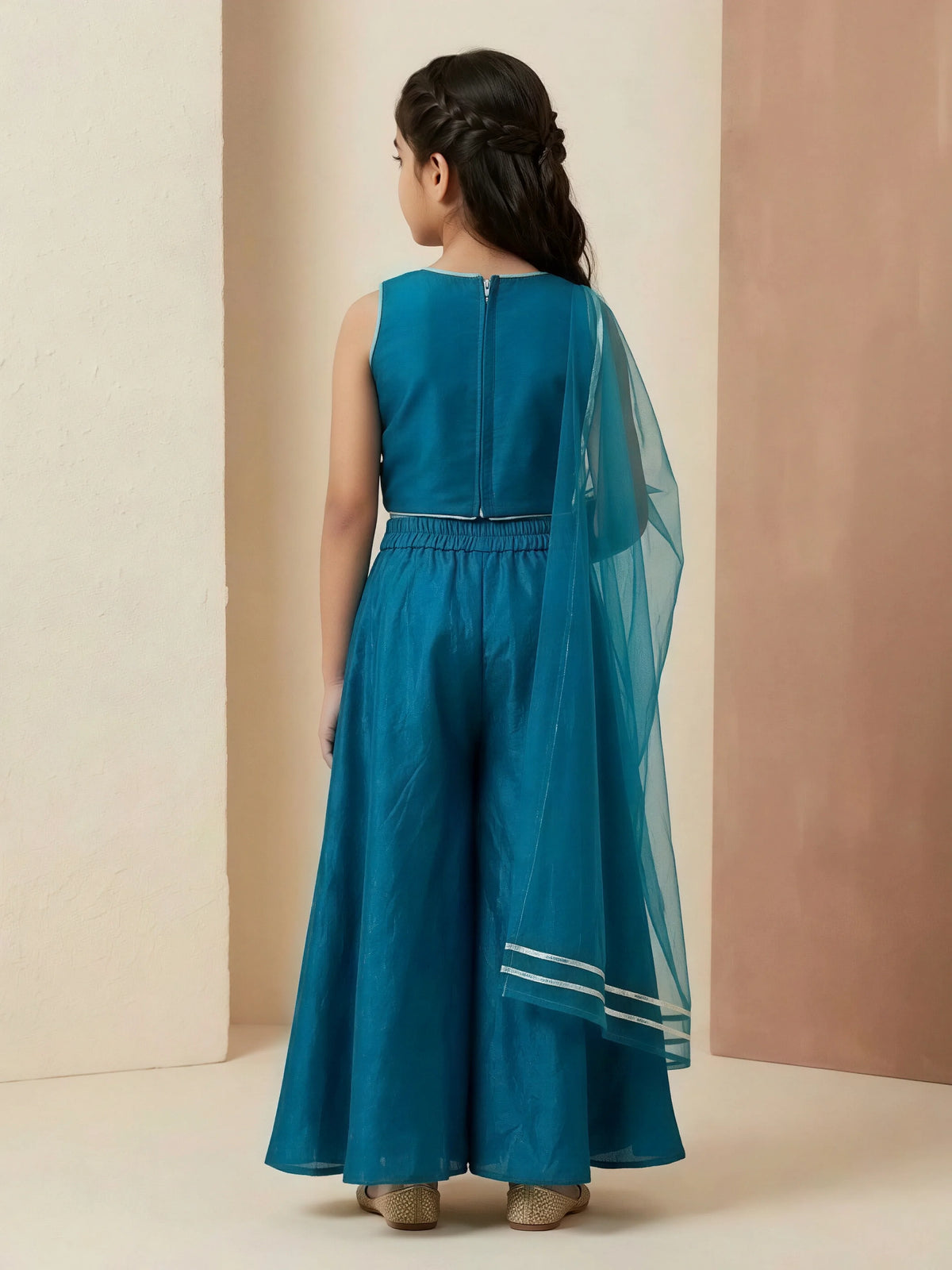 Girls Blue Embroidered Palazzo Set with Dupatta.