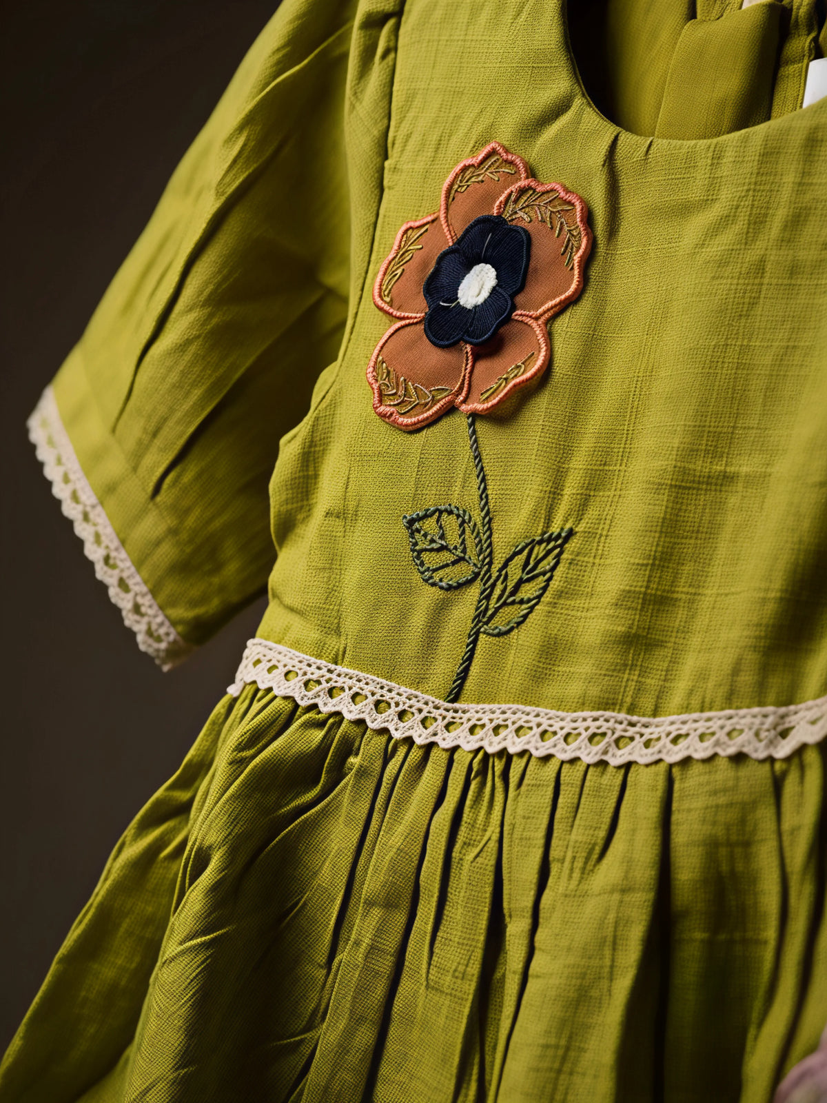 Olive Green Floral Applique Cotton Frocks Kids Ethnic Wear