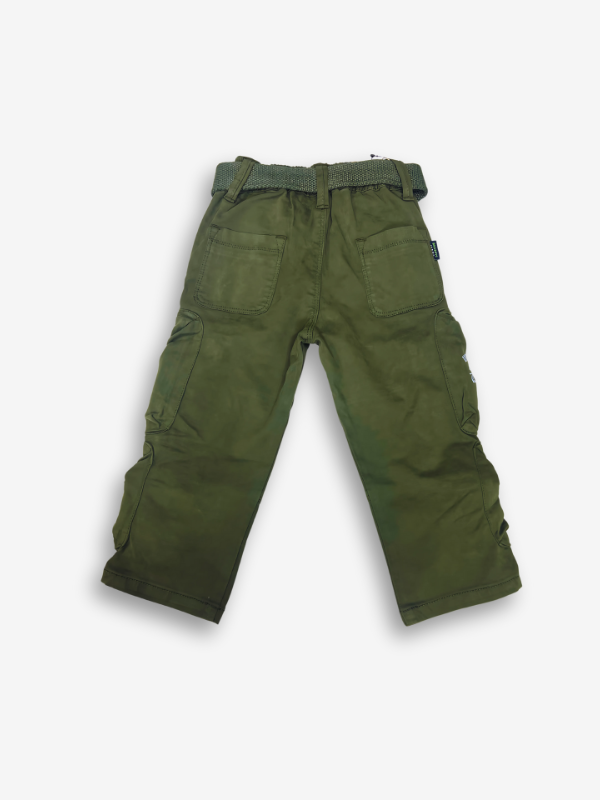 Boys' dark olive green cargo pants with many zippered side pockets, a matching web belt, and cuffed or slightly cropped leg openings.
Export to Sheets