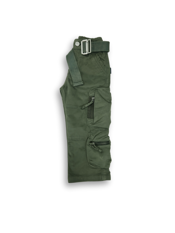 Boys' dark olive green cargo pants with many zippered side pockets, a matching web belt, and cuffed or slightly cropped leg openings.
Export to Sheets