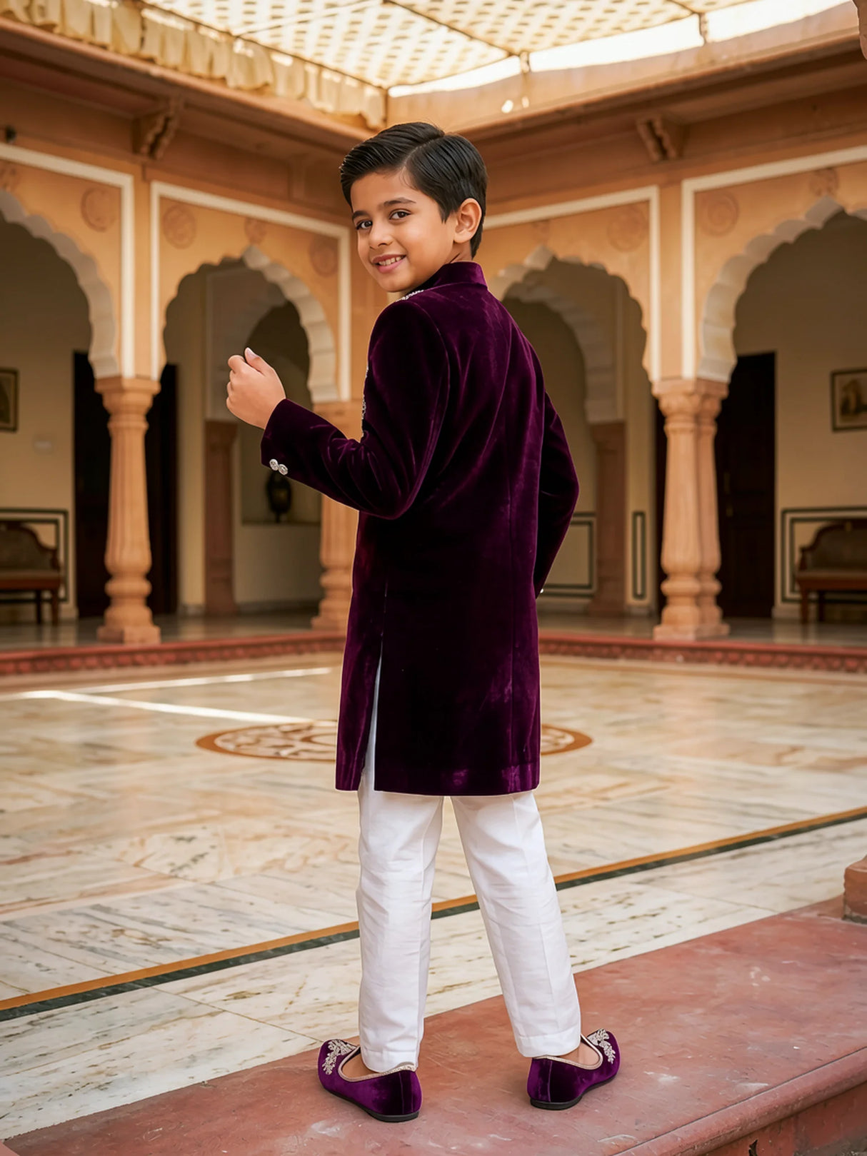 Boys Royal Purple Velvet Sherwani with Panther Embroidery ()