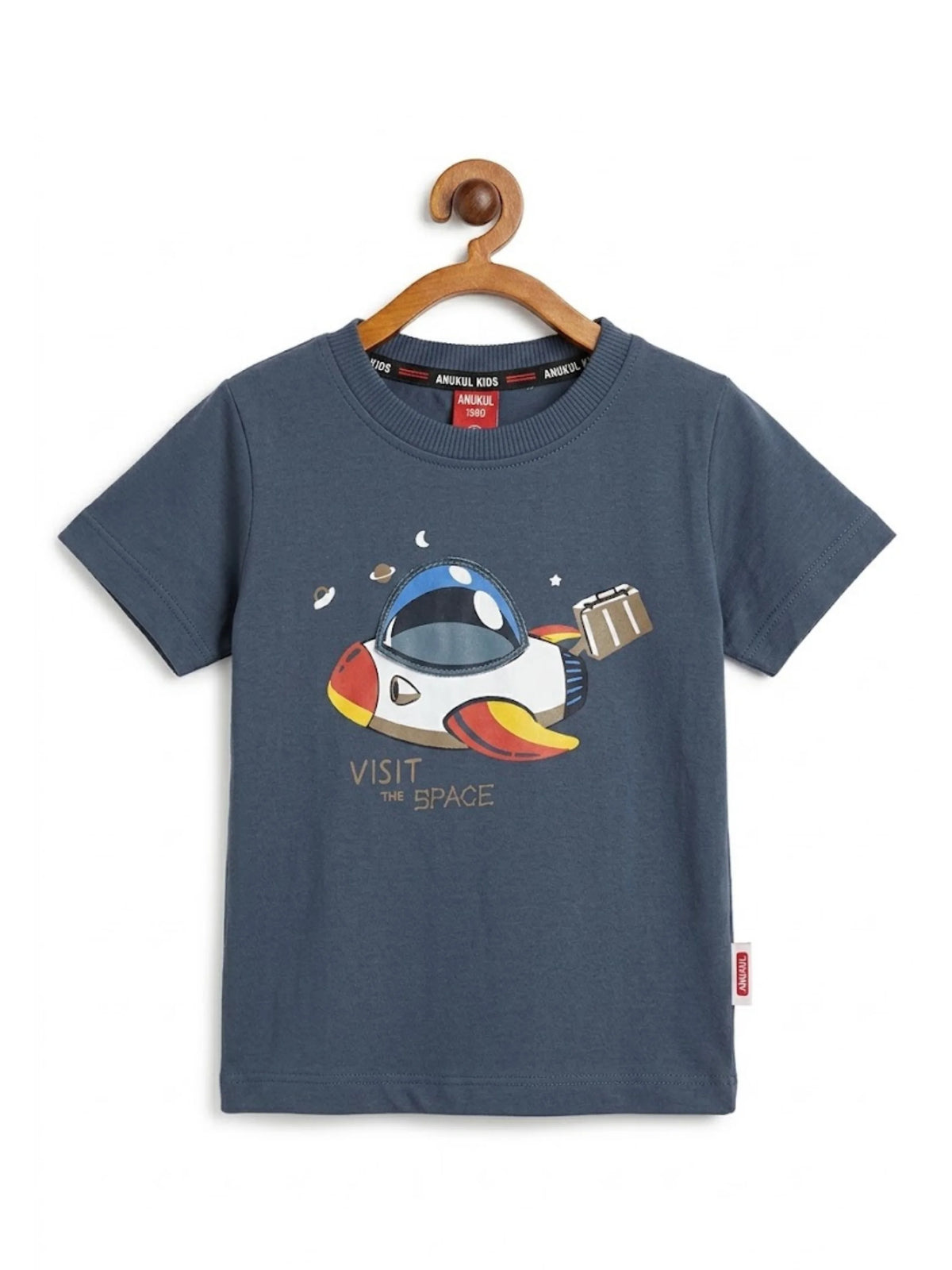 Boys Space Theme Grey Cotton T-shirt and Checkered Shorts Set