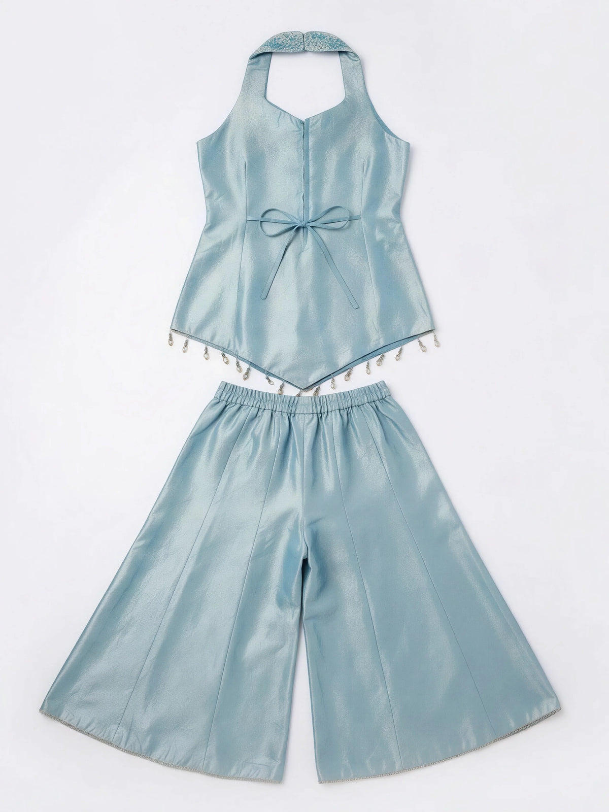 Girls Sea Green Embellished Kurti Palazzo Set with Dupatta.