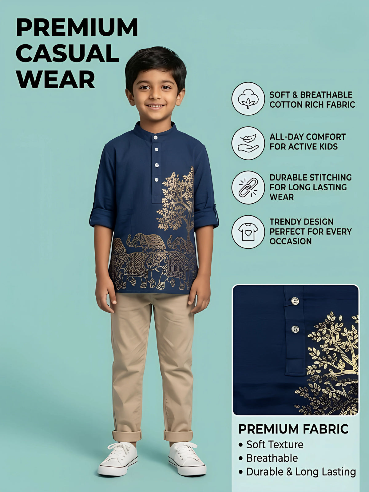 Boys Navy Blue Printed Casual Shirt.