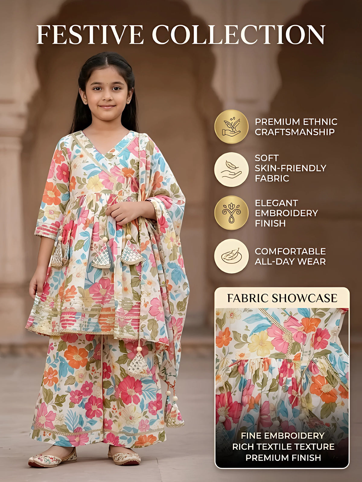 Girls Cream Floral Angrakha Sharara Set.