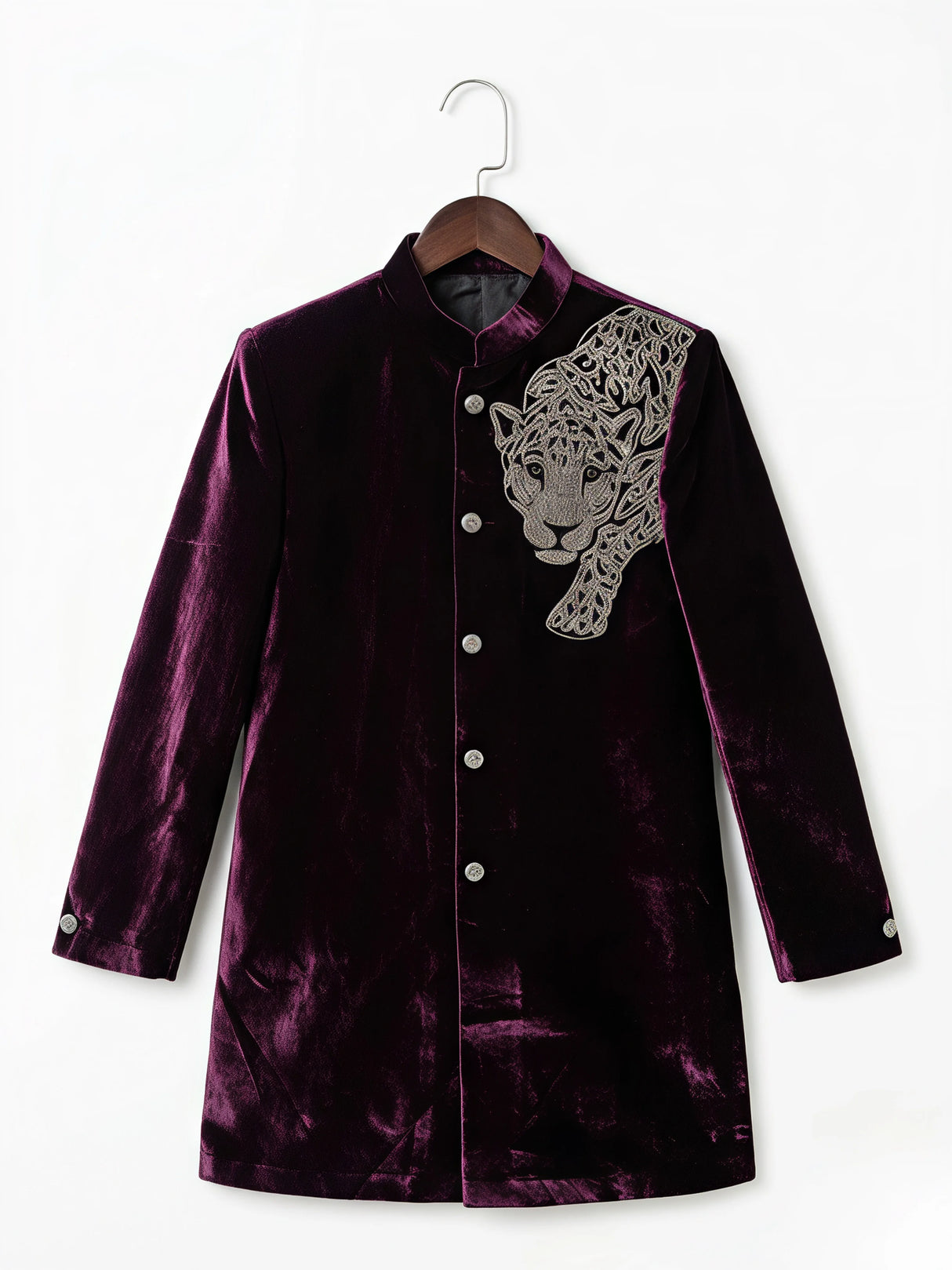 Boys Royal Purple Velvet Sherwani with Panther Embroidery ()