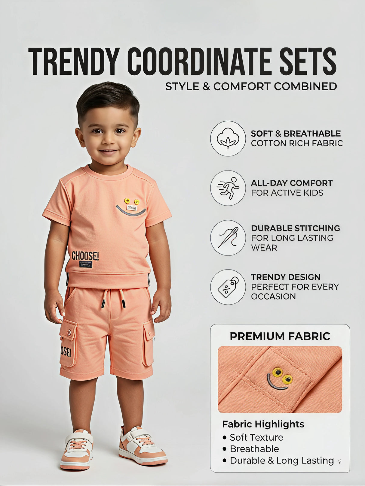 Boys Peach Cotton Blend T-Shirt and Cargo Shorts Coordinate Set