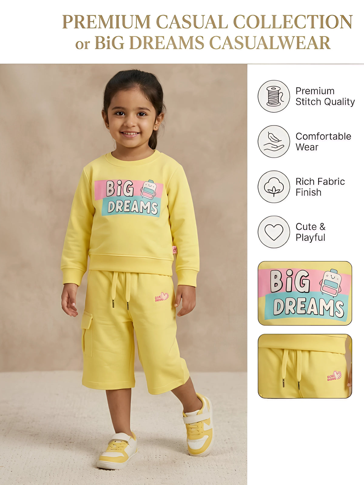 Yellow Cotton Girls Coordinate Set with Sweatshirt and Shorts Kids Casual Wear