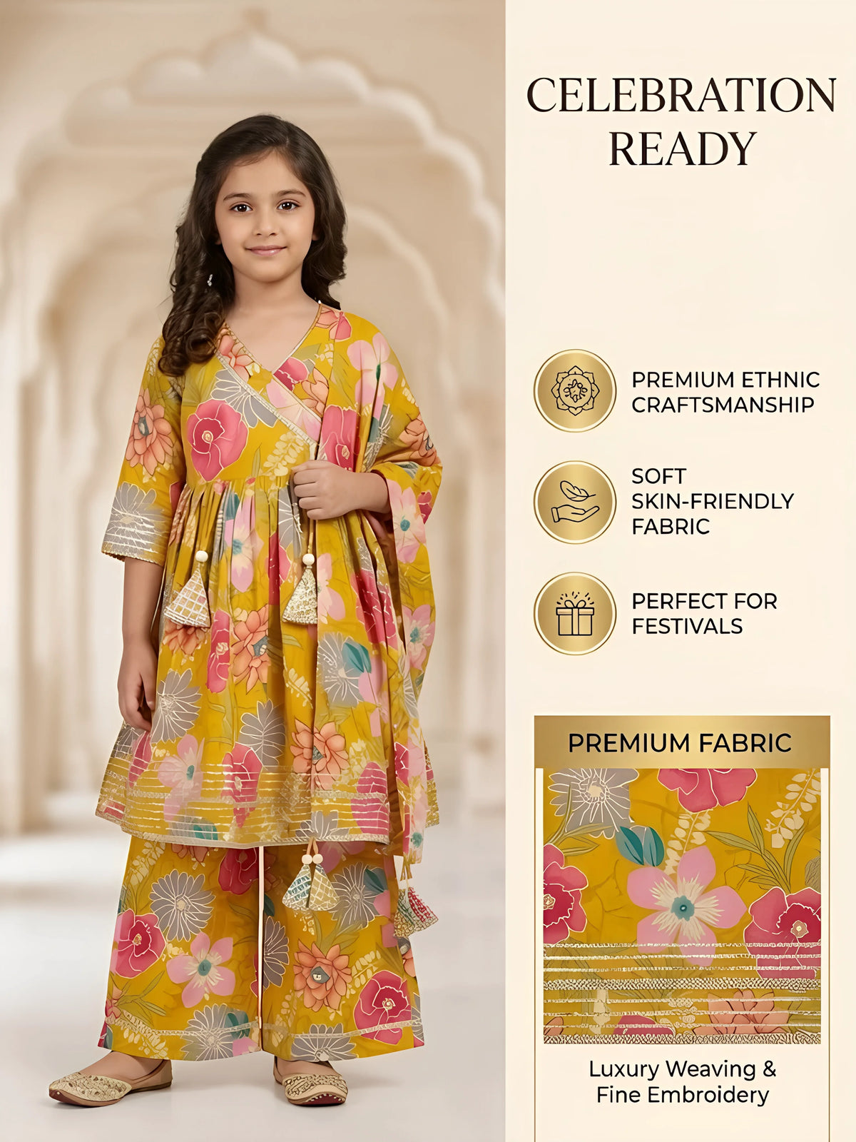 Girls Green Floral Printed Angrakha Sharara Set.