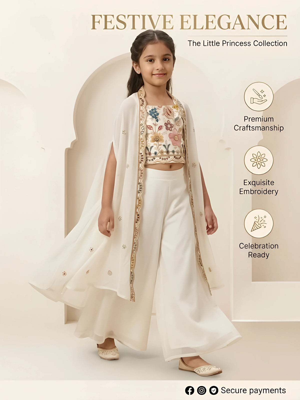 Girls Cream Embroidered Top with Palazzo and Shrug Set.