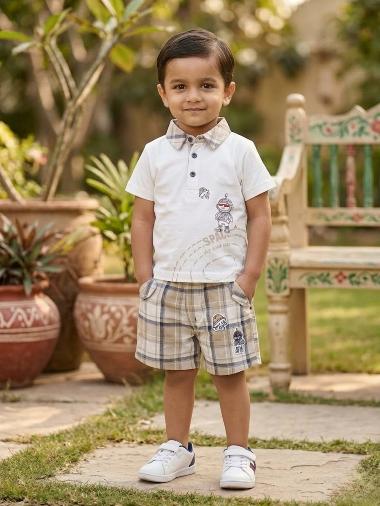 Boys Cream Space Explorer Polo & Plaid Shorts Coordinate Set